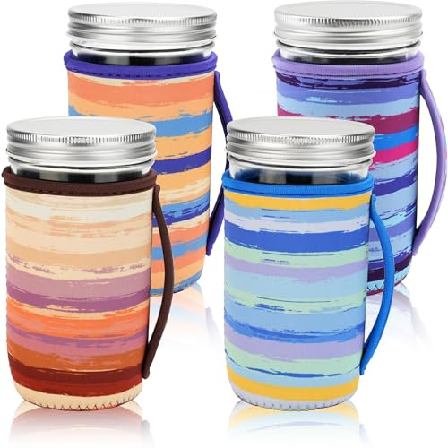 KJQJLY 4 Pcs Mason Jars Sleeves Neoprene 16oz and 24oz 32oz Regular and Wide Mouth Mason Jar Sleeves Holder with Handle (rainbow, 24 OZ)