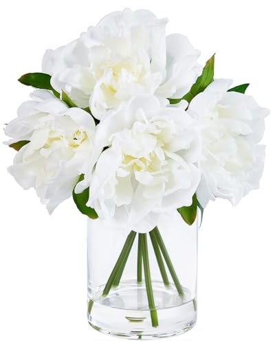 VeriNatural Pfingstrosen Künstlich mit Vase 27 cm Kunstblumen wie echt Fake Blumen - Blumenstrauß Künstlich Weiße Seidenblumen Blumenstrauß Deko - für Wohnzimmer Tisch Büro Hochzeit Geschenk