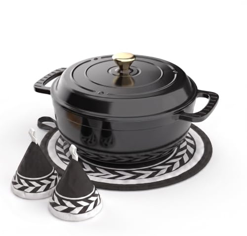 ROVSON Enamelled Cast Iron Dutch Oven, Casserole Dish with Lid and Silicone Gloves, Oven Safe Pot for Bread Baking, Braising and Stews (Glossy Black, 5QT)