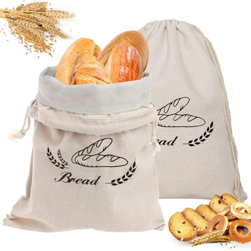 2 Pack Bread Bags for Homemade Bread, Beeswax B/read Bags to Keep B/read Fresh, Reusable & Durable Linen bread Bag for Home Picnic Traveling Daily Use