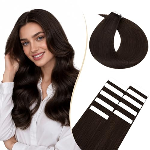Rich Choices Tape Extensions Echthaar Extensions Tape in Haarverlängerung Echthaar Extensions Kleber Remy Human Hair 10PCS 40cm 15g #2 Dunkelbraun Extensions