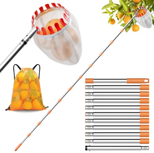 Recogedor de frutas con mango telescópico de 4,2 m, recogedor de manzanas con bolsa de algodón, diámetro de 16 cm, acero inoxidable