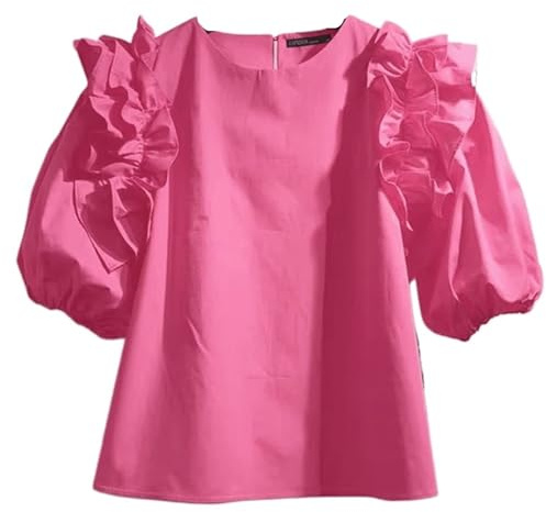 UJEDFHV Damblus med volanger, sommarblus för kvinnor, kortärmad volangblus, vintage, lapptäcke, ledig, lös, rund hals, matchande blus