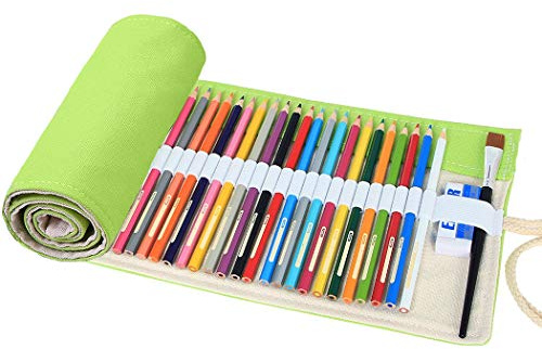 Amoyie Leinwand Stifterolle für 48 Buntstifte, Hand Roll-up Mäppchen (Keine Schreibzeuge im Lieferumfang) - Grün