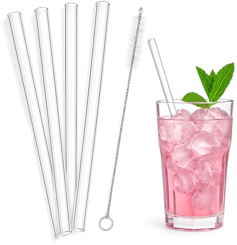Premium Glasstrohhalme – 4 STK – 20 cm – Set mit Reinigungsbürste – Nachhaltige Trinkhalme aus robustem Borosilikatglas – Wiederverwendbar & Spülmaschinenfest – Für stilvolles Trinken