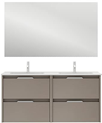 AMIZUVA | Conjunto de Mueble de Baño Suspendido Suki con 4 cajones | Anchura 120 cm | Incluye 2 Lavabos Cerámicos | Acabado en Fumé Arenado | Mueble de Lavabo Doble | Mueble Bajo Lavabo