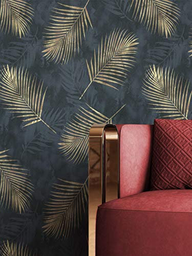 NEWROOM Svart non-woven blad tapet - blommig guld tropisk botanisk djungel