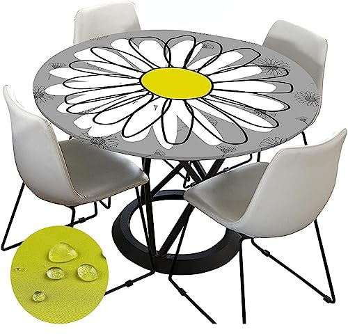 Tischdecke Abwaschbar Rund 180cm, Elastisch Lotuseffekt Tischdecke Outdoor 3D-Druck Weiß Tischdecken Daisy Table Cloth für Garten Restaurant, Ideal für 160cm-170cm