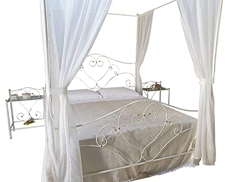 Sedam Srl Letto Matrimoniale a Baldacchino, Ferro BATTUTO, Modello Cuore, Qualità 100% Made in Italy (Avorio, Sfumature Oro + Comodino in Ferro Battuto)