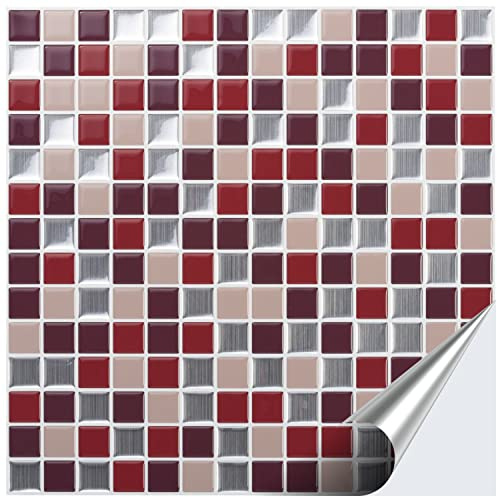 FoLIESEN 3D Fliesenaufkleber für Bad, Küche, Badezimmer - Mosaikfliese Rot - Fliesen-Folie selbstklebend - Mosaik Ember, :4 Stück