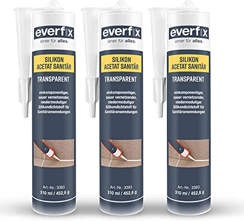 EVERFIX Sanitär Silikon Acetat transparent (310 ml, 3 Stück) für Bad, Dusche und Küche zum Abdichten und Verfugen für außen und innen, schimmelresistent, pilzhemmend, wasserdicht