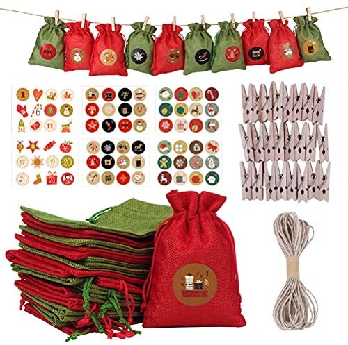 24 Pcs Christmas Advent Calendar Sack Gift Bags Linen Drawstring Christmas Burlap Party Favor Bags, 3.9 x 5.5 Inch Treat Candy Bag Goody Bag Pouch with Stickers, Jute Twine and Wooden Clothespins