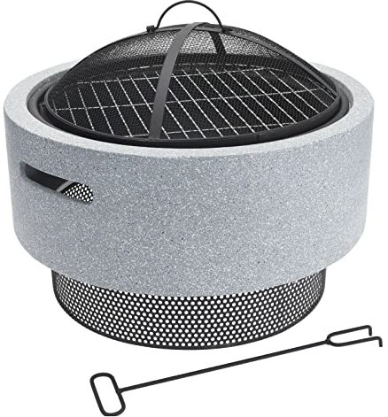 Taylor & Brown Grey MgO Concrete Round Fire Pit - BBQ - Includes COVER - Outdoor Firepit BBQ for Garden and Patio - Wood Burner - With BBQ Grate, Spark Guard