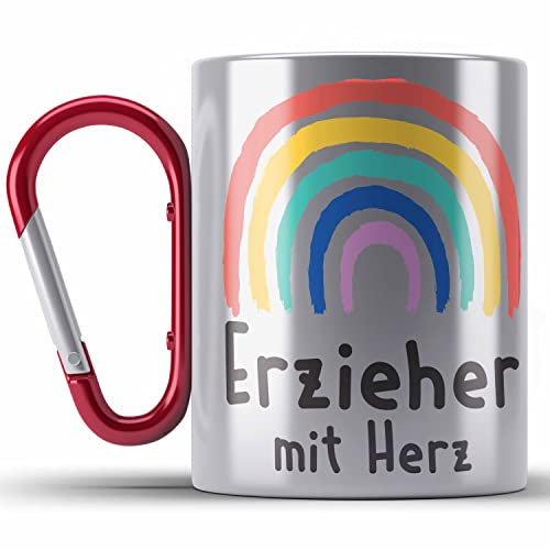 Trendation - Erzieher Edelstahl Tasse Karabiner Geschenk mit Herz Geschenke Abschiedsgeschenk mit Spruch Karabiner Edelstahl Tasse Karabiner Edelstahl Kindergärtner (Rot)