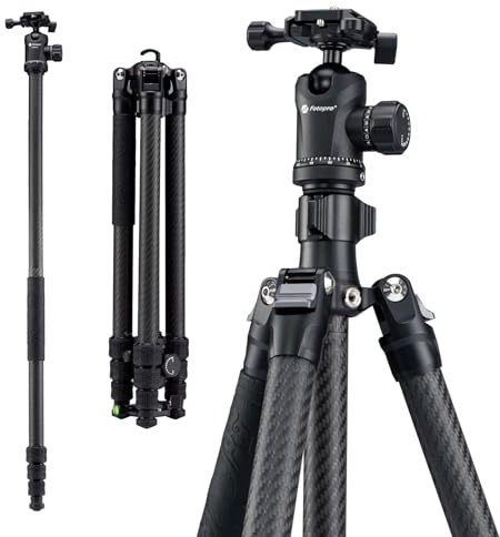 Fotopro Treppiede in fibra di carbonio da 64 pollici, testa a sfera a 360 gradi, piastra a sgancio rapido, compatibile con fotocamere DSLR Canon, Nikon, Sony, nero