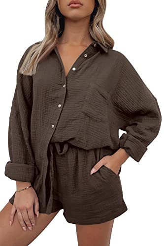 AUTOMET 2 Piece Sets For Women Lounge Wear Matching Two Piece Pajama Fashion Oversized Shirts And Shorts Spring Outfit 2026 01Brown S