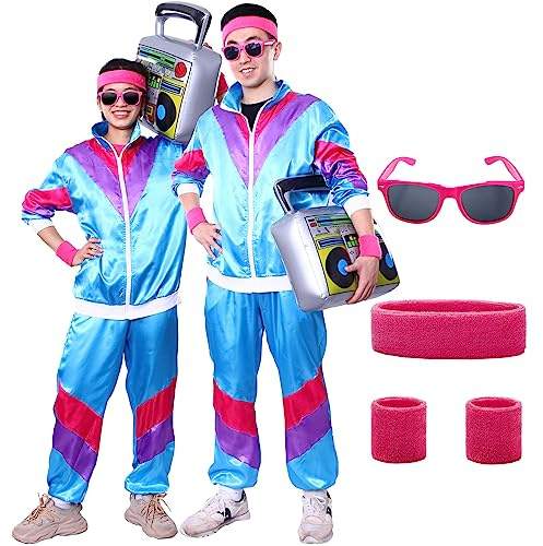 Ficlwigkis 80er 90er Jahre Outfit Herren Damen,6Pcs Blau Karneval Kostüm Trainingsanzug Retro Anzug mit Stirnband Armbänder Brille für Karneval (Blau, M)