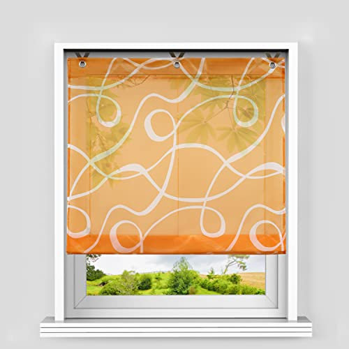 Heichkell Raffrollo Voile Raffgardine ohne Bohren Gardine mit Haken Vorhang mit Ösen Modern Ösenrollo Orange BxH 120x130 cm
