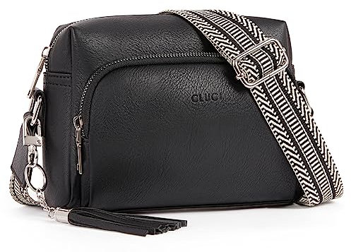 CLUCI Umhängetasche Damen, Crossbody Bag Breiter Gurt, Handy Schultertasche PU Leder, Handtasche, Klein mit Fransen Verstelbaar Schultergurt Schwarz