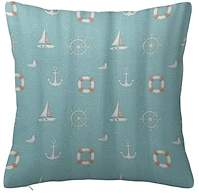 ERICAT Überwurf Kissen Fall Quadratisch Kissenbezug,Einzigartiges nautisches Arrangement mit Möwenhelm und Rettungsring-Segelgekritzel,Home Dekorative Sofa Sessel Schlafzimmer Wohnzimmer 45x 45cm