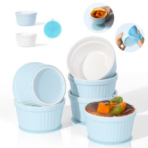 Highkit Ramekins - Juego de 6 ramequines de porcelana de 200 ml, platos de cerámica para soufflé, a prueba de horno Ramakins, plato de crema brulee de 9 cm para pasteles, pudín, helado y salsa, apto