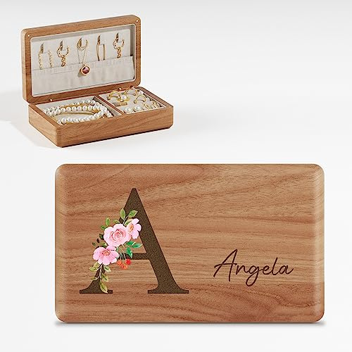 iDIY Personalisiertes Holz-Schmuckkästchen für Mädchen mit Buchstaben und Name für Ohrringe Halskette Ringe ideales Geschenke für Geburtstag, Weihnachten für Mutter Freundin Mädchen Kirschbaumholz