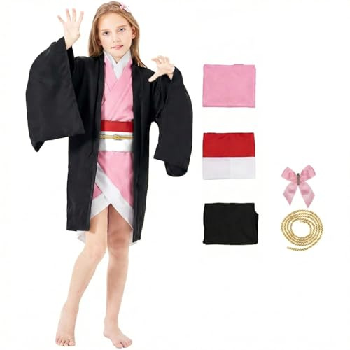 Pomzio Nezuko Disfraz para Niña y Mujer con Peluca - Cosplay Anime Kimono Outfit para Carnaval, Navidad y Halloween