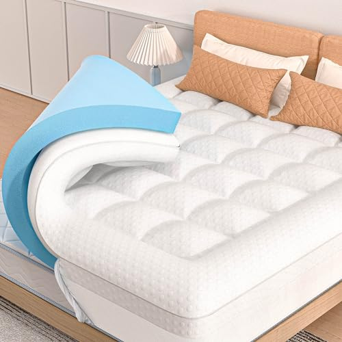 Pillow Top Mattress Topper Queen Size, 3 Inch Dual Layer Mattres Toppers, 1 Inch Cooling Pillow Top and 2 Inch Gel Memory Foam Mattress Topper for Back Pain