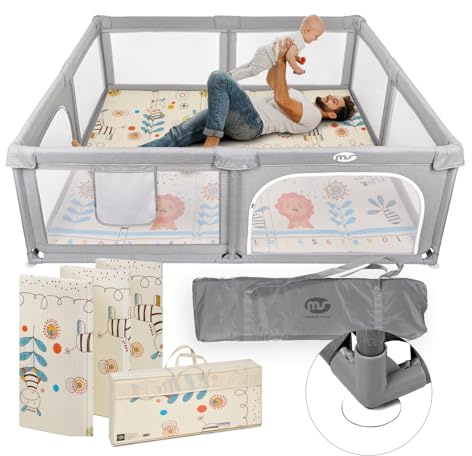 MS Parque XXL + Alfombra de Juegos para Bebé 180 * 200 cm - Doble Cara, Tapete Muy acolchado (1,5cm Grosos), Plegable y con Bolsa de transporte