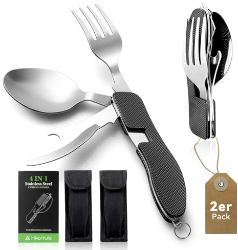 HIKENTURE® Outdoor Campingbesteck Set - Klappbesteck Outdoor Besteck aus Edelstahl mit Gürteltasche - Messer Gabel Löffel Flaschenöffner Set - für Camping und Outdoor (Grün Schwarz Blau Rot)