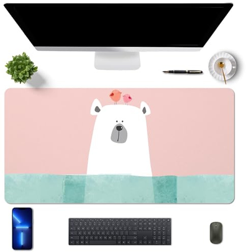 MAYCARI Schreibtischunterlage 80x40 cm PU Leder Rutschfeste Schreibtischmatte Mauspad Große Unterlagenmatte für Laptop Office Desktopschutz, Rosa+Weißer Bär