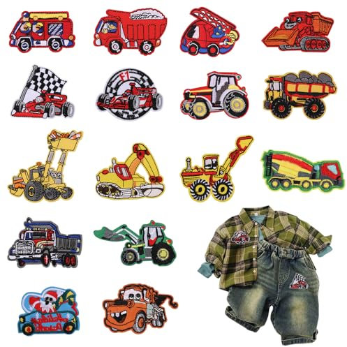 Hejo 16 Stück Patches Zum Aufbügeln Kinder, Baufahrzeug Patch Kit, DIY Bügelflicken, Flicken Zum Aufbügeln, Aufnäher Patches, Bügelbilder für Jeans, T-Shirt, Kleidung, Taschen und Mützen