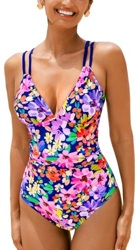 CUPSHE, Costume da bagno intero da donna, con scollo a V, controllo della pancia, doppie cinghie regolabili, con cout-out sul retro e anello O-ring, M