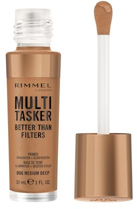 Rimmel Multi Tasker Better Than Filters, 3-i-1 hudprimer, ljusbooster och överstrykningspenna för en naturlig jämn glöd, infuserad med C-vitaminer, vegan och grymhetsfri, 006 medium djup