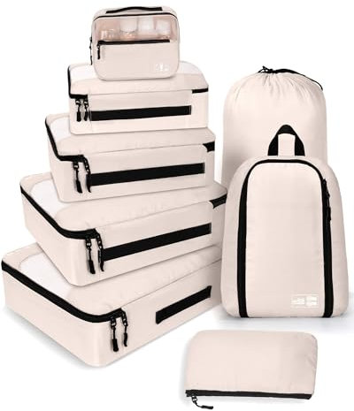 MURISE Koffer Organizer 8 Stück, Packing Cubes für Urlaub und Reisen, Packwürfel Packtaschen für Koffer, mit Schuhtasche Kosmetiktasche, Ordnungssystem, Travel Essentials, Beige