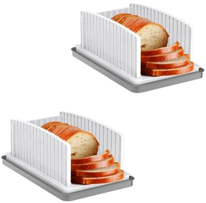 2PCS Bread Slicers for Homemade Bread, Rack Bread Slicer Guide, Adjustable Bread Board with Crumb Catcher, Detachable Bread Cutter Tray for Bagel, Cakes, Cheese, Cookies