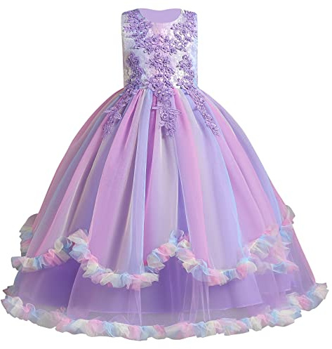 IDOPIP Enfants Filles sans Manches Dentelle Broderie Mariage Demoiselle d'honneur Princesse Couches Tulle Robes de fête soirée Bal Robe de Bal