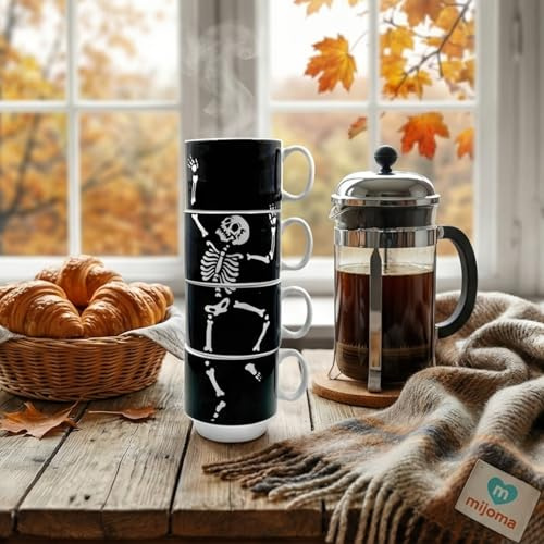 MIJOMA Lot de 4 tasses à café en porcelaine sombre, empilables et peu encombrantes, passent au lave-vaisselle, capacité 200 ml, design Dancing Bones