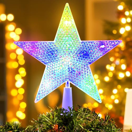 Weihnachtsbaumspitze Stern, Weihnachtsbaum Stern Spitze Beleuchtet, Christbaumspitze Stern mit LED Licht, Weihnachtsbaum Topper Stern Batteriebetrieb für Weihnachtsbaum Deko, Party Deko (D)