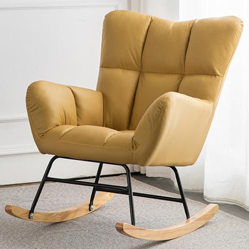RUYICZB Schaukelstuhl Sessel Relaxsessel Schaukelsessel Schwingstuhl, Gepolstert, Mit Holzkufen & Metallrahmen, Gepolsterter Schwingsessel Für Wohnzimmer Schlafzimmer Balkon,Gelb