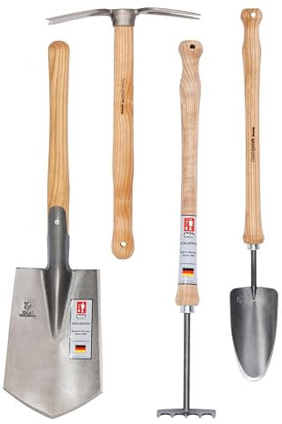IDEALSPATEN Colección de herramientas de jardín pequeñas, juego de 4 piezas, pala de campo Panzer, Heidelberg Hand Mattock, rastrillo de mano Hanover, pala de mano Lübeck