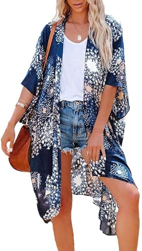 florynova Kimono for Women Summer Cardigans Open Front Swimsuit Cover Up Hawaiian Beach Shirts(Blue Dandelion,M)