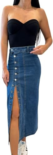 Hecatombic Falda Larga De Mezclilla Ajustada De Cintura Alta Sexy para Mujer Falda Midi De Mezclilla con Abertura Lateral Abotonada Falda De Mezclilla Informal De Moda (Azul,S)