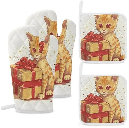 Set di 4 guanti da forno e presine con stampa di gatto, resistenti al calore, extra lunghi e cuscinetti caldi, guanti da cucina antiscivolo, in poliestere, per cucina, grigliare, cucinare