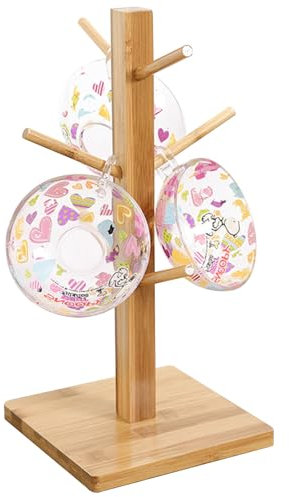 KYYGKY Soporte Tazas, Portavasos de Café con 6 Ganchos, Organizador de Tazas de Cafe de Bambú en Forma de Árbol, Soporte para Colgar Tazas de Cafe con Base Engrosada (Base cuadrada)