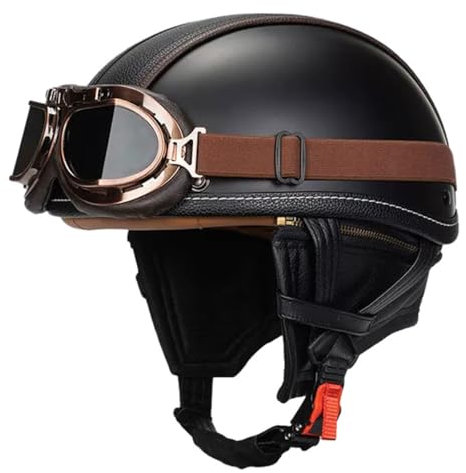 Vintage Motorradhelm Open Face Leder-Helm Winddichter Motorrad Roller Helm Mit Brille Jethelm Straßenhelm Für Damen Und Herren ECEDOT Zertifizierung Halbschalenhelm 9,M:57-58CM