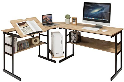 COSTWAY Scrivania Angolare 170 CM, Scrivania ad Angolo per Computer con Piano Inclinabile, Scaffale Inferiore e Supporto per CPU, Scrivania a Forma di L per Ufficio e Studio (Naturale)