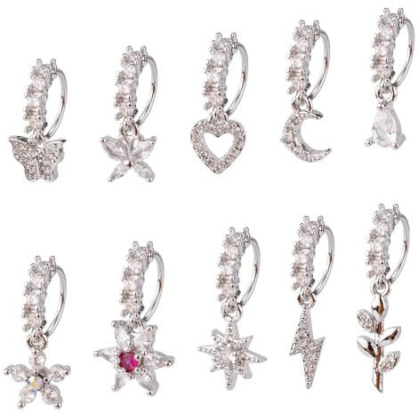 Gosknor 10 Pezzi Anelli per il Naso Pendenti Cerchi, Rame Delicato Stella Luna Cuore Foglia Cerchio per Piercing al Naso Gioielli per Donne Accessori Moda (Argento)