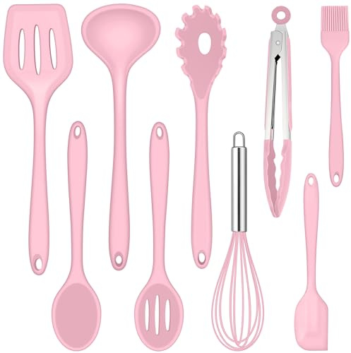 Joyfair Küchenhelfer Set, 9 Stück Küchenutensilien Silikon, Hitzebeständiges Kochutensilien Kochgeschirr Set mit Pfannenwender Schneebesen Grillzange, Antihaft Kochbesteck zum Kochen & Backen - Rosa