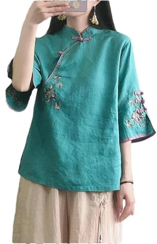 BoShiNuo Chemise chinoise rétro en coton et lin, col montant chinois, contrasté, boutonné, manches mi-longues, service à thé brodé, J3 Bleu, XL